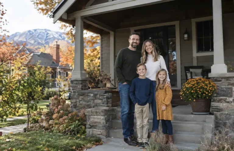 Utah family on the porch of their new home