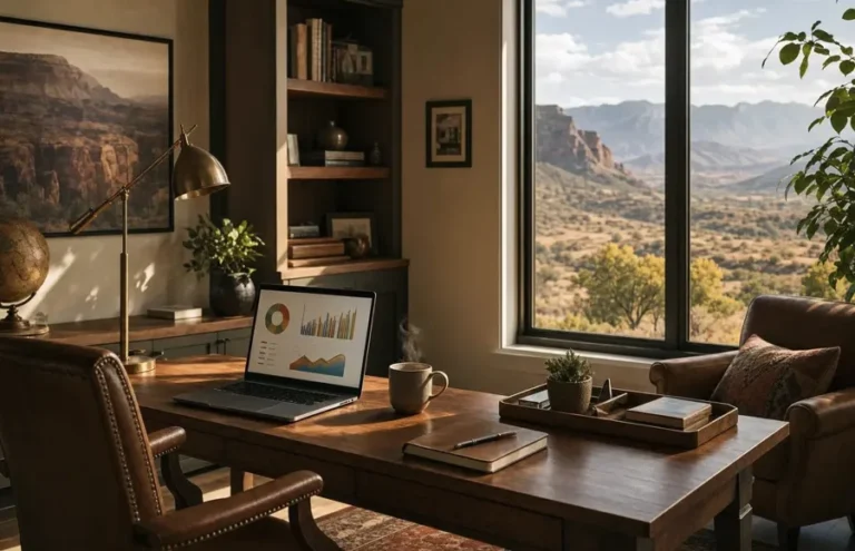 Home office with a laptop showing a Utah mortgage budget